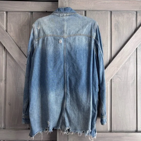 Free People We The Free Distressed Long denim Jacket Size M - Picture 6 of 6